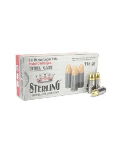 Sterling, 9mm, 115 Grain FMJ, fmj, 9mm for sale, steel cased ammo, 9mm ammo, ammo for sale, Ammunition Depot